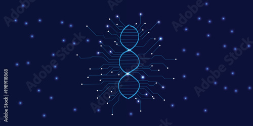 Futuristic biotechnology background with glowing DNA double helix and digital circuit lines on dark blue gradient, modern genetic engineering and medical science banner
