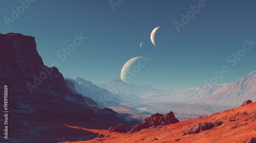 Surreal Alien Landscape with Multiple Moons and Vibrant Terrain in a Sci-Fi Setting