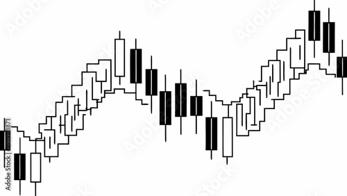 A black and white illustration depicting a complex candlestick chart with fluctuating values