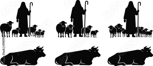 Shepherd with sheep and cow silhouette set, nativity farm animals collection, pastoral livestock scene isolated on white background illustration
