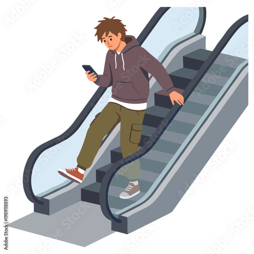 Man riding up escalator with phone in hand