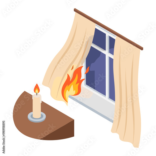 A burning candle ignites flames on curtains near an open window at night.