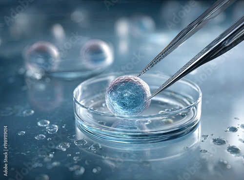 Close-up of a petri dish with a cell culture being manipulated by tweezers in a laboratory setting.