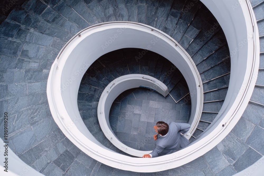 Fototapeta premium Modern Spiral Staircase with Person Descending.