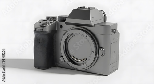 Minimalist grey mirrorless camera body 3D render, modern photography equipment mockup on white background