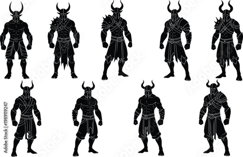 Viking warrior silhouettes vector set, horned helmet fighters collection, medieval fantasy characters, strong warrior poses isolated on white background