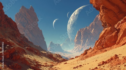 Stunning Martian Landscape with Three Moons: A Cosmic Journey Through a Red Desert