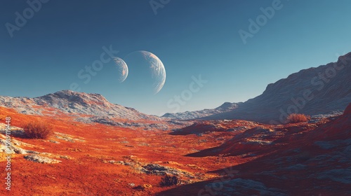 Stunning Lunar Landscape with Two Moons and Vibrant Red Terrain Under a Clear Sky