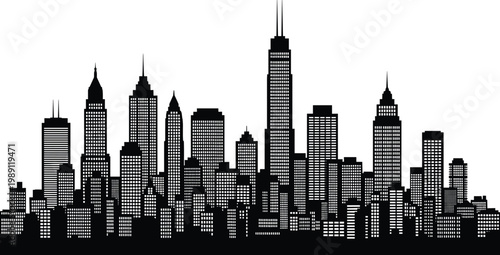 Urban city skyline silhouette, modern skyscraper buildings panorama, downtown architecture landscape isolated on white background, detailed metropolitan cityscape illustration