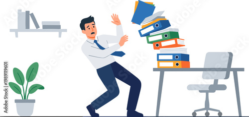 A man overwhelmed by falling binders at his office desk struggles to regain balance.