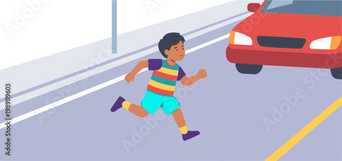 A boy runs quickly across a road as a red car approaches.