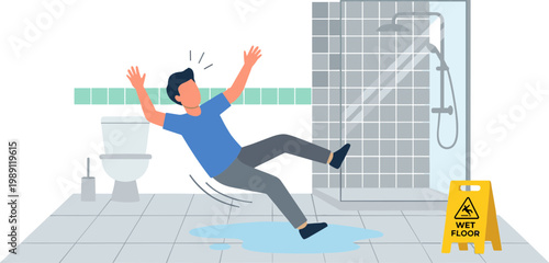 Man slipping on wet floor in bathroom with caution sign nearby
