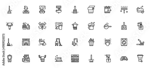 Cleaning icon set. Vector tools collection. Minimal line icons for broom, mop, vacuum, sponge, bucket, detergent, gloves and more household cleaning essentials.