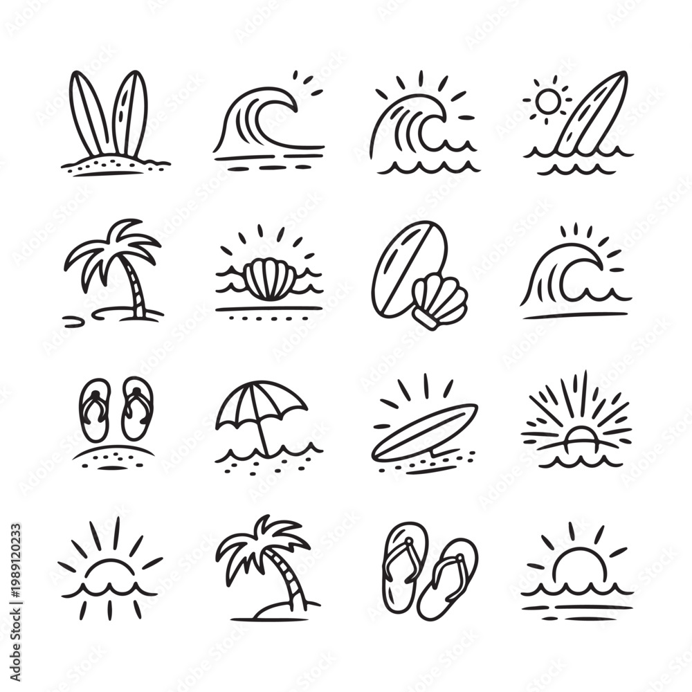 Obraz premium Hand Drawn Beach and Surfing Icons Featuring Ocean Waves Palm Trees Surfboards Sunsets Shells and Summer Vacation Elements in a Minimalist Doodle Style for Seasonal Designs