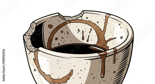 Broken Ceramic Cup with Coffee Stains