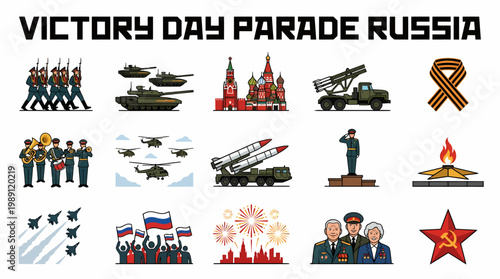 Victory Day Parade Russia Pixel Art Icons Set
