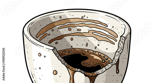 Broken coffee cup with dark coffee and foam, white background, illustration style
