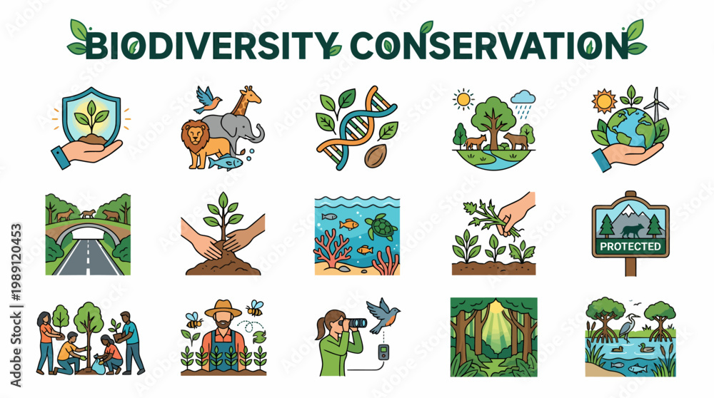 Fototapeta premium Biodiversity Conservation Icons: Nature, Wildlife, Ecology