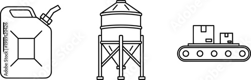 Industrial equipment icons: jerrycan, silo, conveyor belt