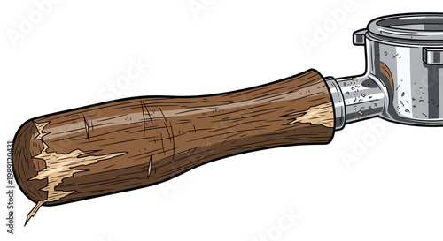 Close-up of a worn wooden espresso portafilter handle with metal part