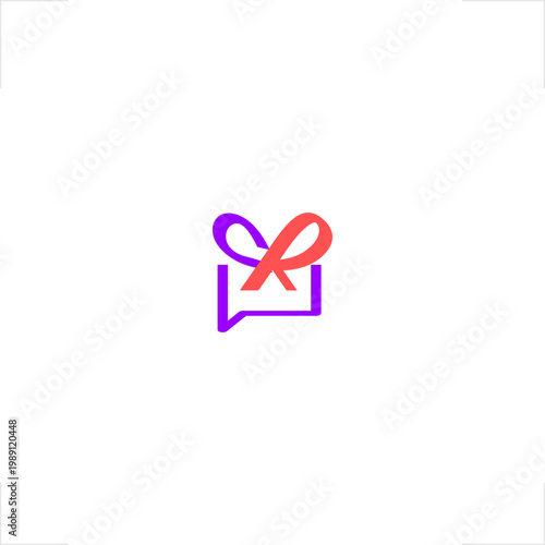 Personalized referral niche retail industry modern line style logo combining a gift box, talk bubble, and letter R ribbon for marketing apps, social shopping, and feedback brand identity use