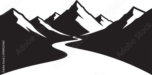 Mountain range landscape, black silhouette, snowy peaks, winding road vector