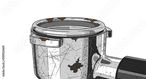 Close-up of a worn and stained espresso machine portafilter, artistic illustration