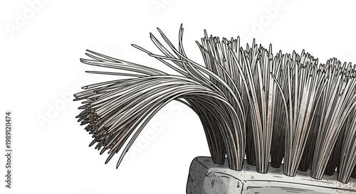 Close-up of a worn, frayed brush with white bristles on a white background