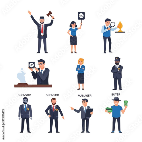 Diverse group of people in business and auction settings.