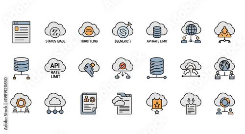 Cloud computing and data technology icons illustrating various digital concepts