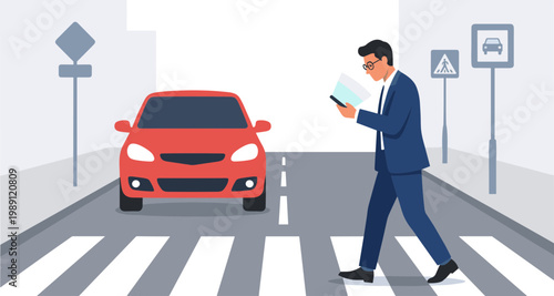 Man in blue suit walks across street while reading document near stopped red car