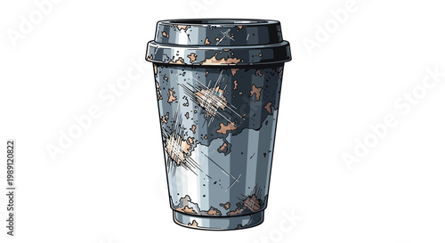 Discarded coffee cup with worn texture and stains, isolated on white.