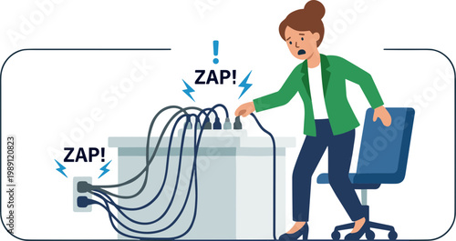 Woman shocked by electrical wires at office workstation suddenly malfunctioning