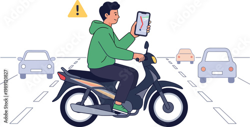 Man riding motorcycle on road while looking at phone with cars around