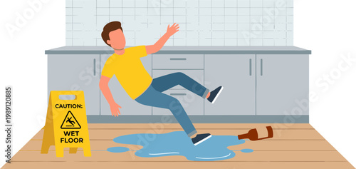 Man slips on wet floor with caution sign in kitchen interior