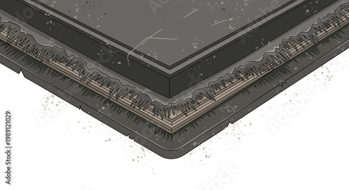 Isometric cross section of damaged asphalt road layers with cracks and debris