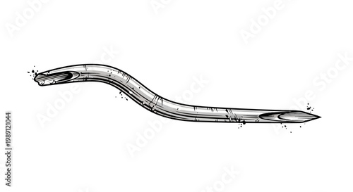 Medical needle with curved shape and sharp point, isolated on white background.