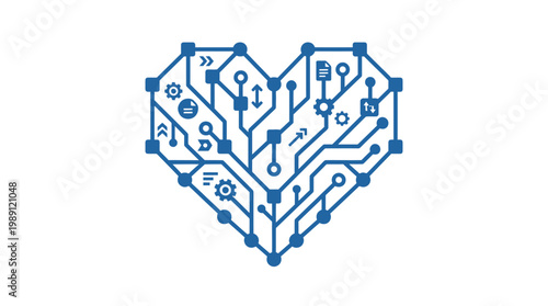 Heart-shaped circuit board with digital technology elements representing love for innovation and smart systems