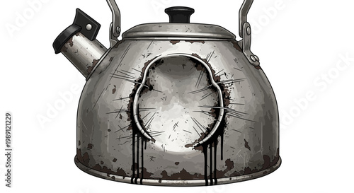 Rusty Kettle with Burned Mark and Dripping Liquid