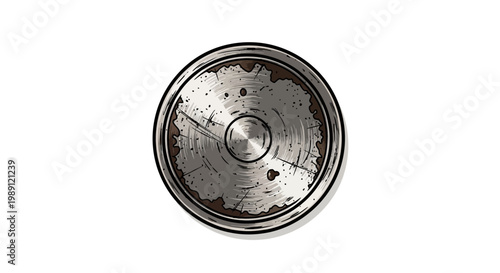 Rusty metal lid with circular scratches on white background