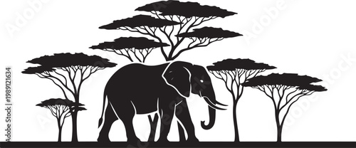 African elephant, safari icon, black silhouette, tree landscape, wildlife symbol