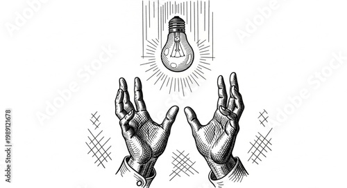 Vintage illustration of hands catching a glowing light bulb representing an idea.