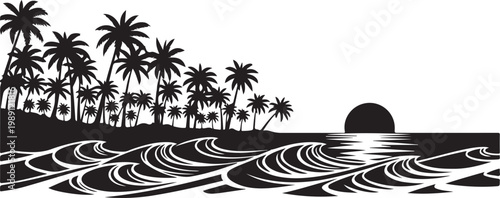 Tropical island, palm trees, sunset, waves, black and white vector illustration, beach scene, landscape