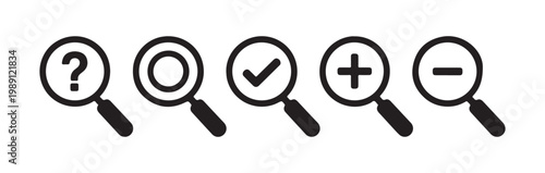 Five black magnifying glass icons with symbols question mark circle check plus minus on transparent.