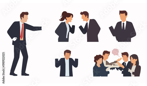 Aggressive office workers and rude colleagues isolated scenes vector set showing business stress and team conflicts
