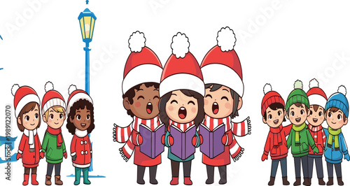 Diverse cartoon children in winter outfits singing Christmas carols by a streetlamp, happy kids choir group performing holiday songs with songbooks and festive hats vector.