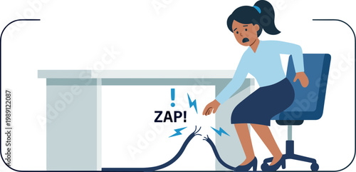 Woman gets shocked by a faulty computer while sitting at her office desk