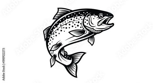 Monochrome vector illustration of a jumping trout with open mouth and spotted body