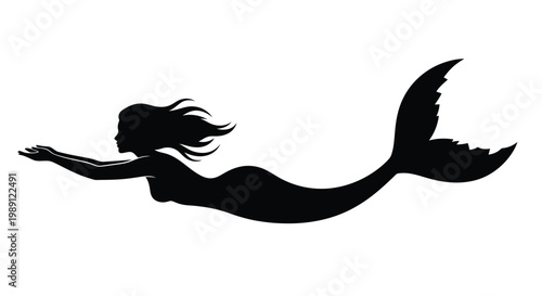 Black silhouette of a swimming mermaid with flowing hair and outstretched arms.