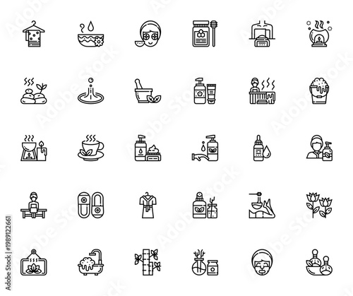 Spa element icon set. Vector symbols for towel, bathtub, aromatherapy, sauna, facial treatment, essential oil, lotion and more. Minimal line icons.